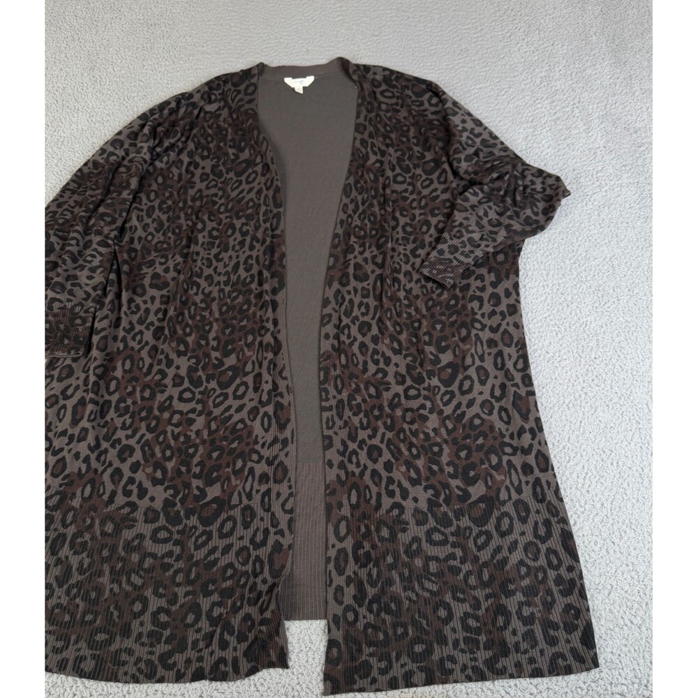 TERRA & SKY Sweater Womens 3X Black Gay Cardigan Leopard Print Open Front Flowy